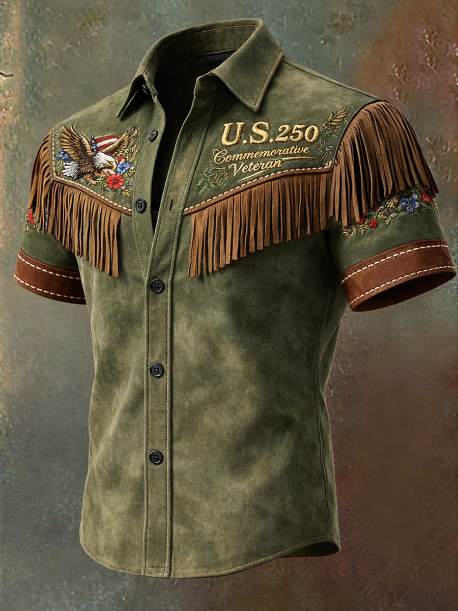 Men's Retro Western Style U.S 250 Commemorative Printed Vintage Tassel Casual Short Sleeves Shirt